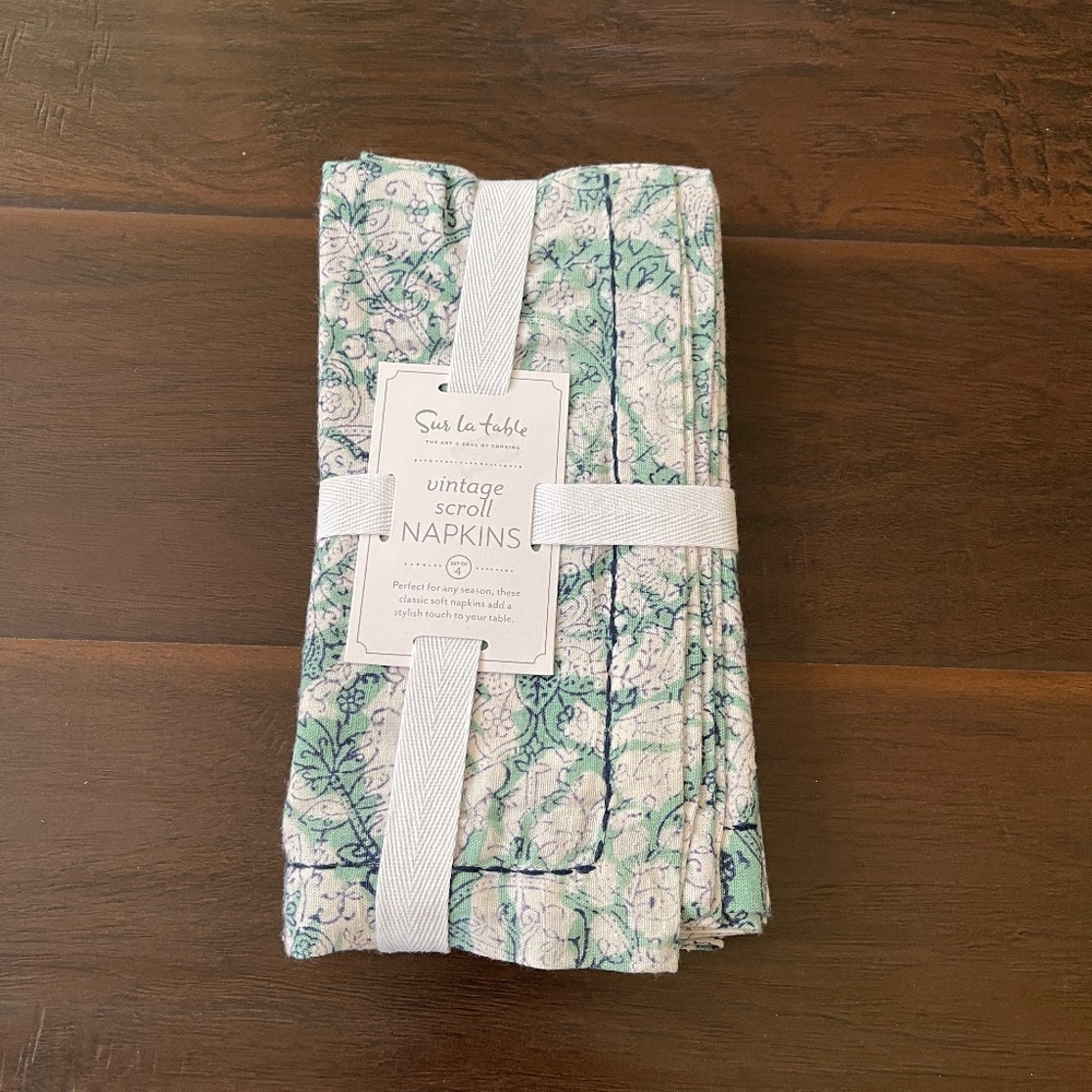 Sur La Table vintage scroll Blue Teal Cloth Napkins 20"x20" (set of 12) NWT! - Picture 3 of 8